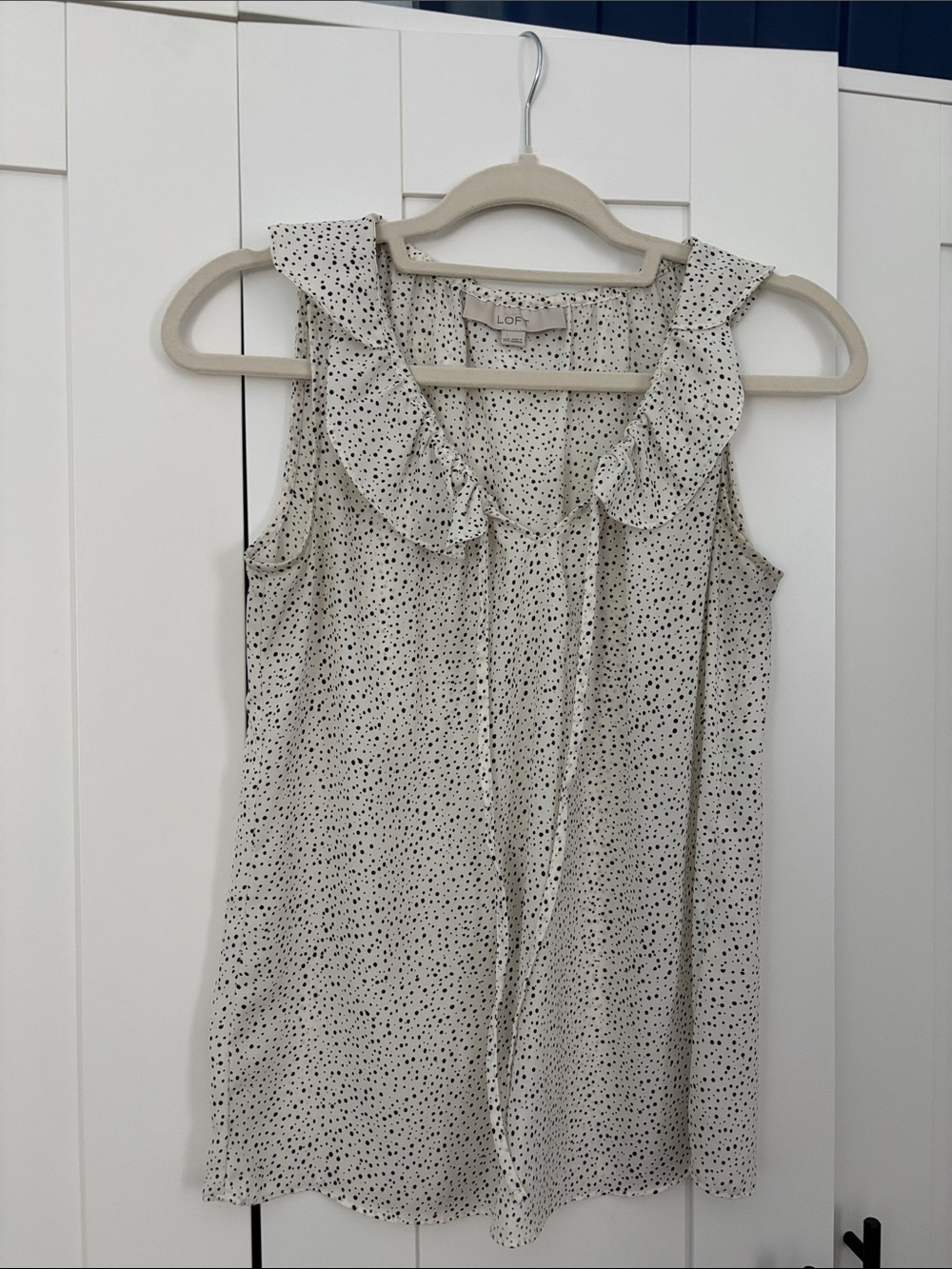 LOFT Cream and Black Polka Dot Ruffle Collar Sleeveless Blouse